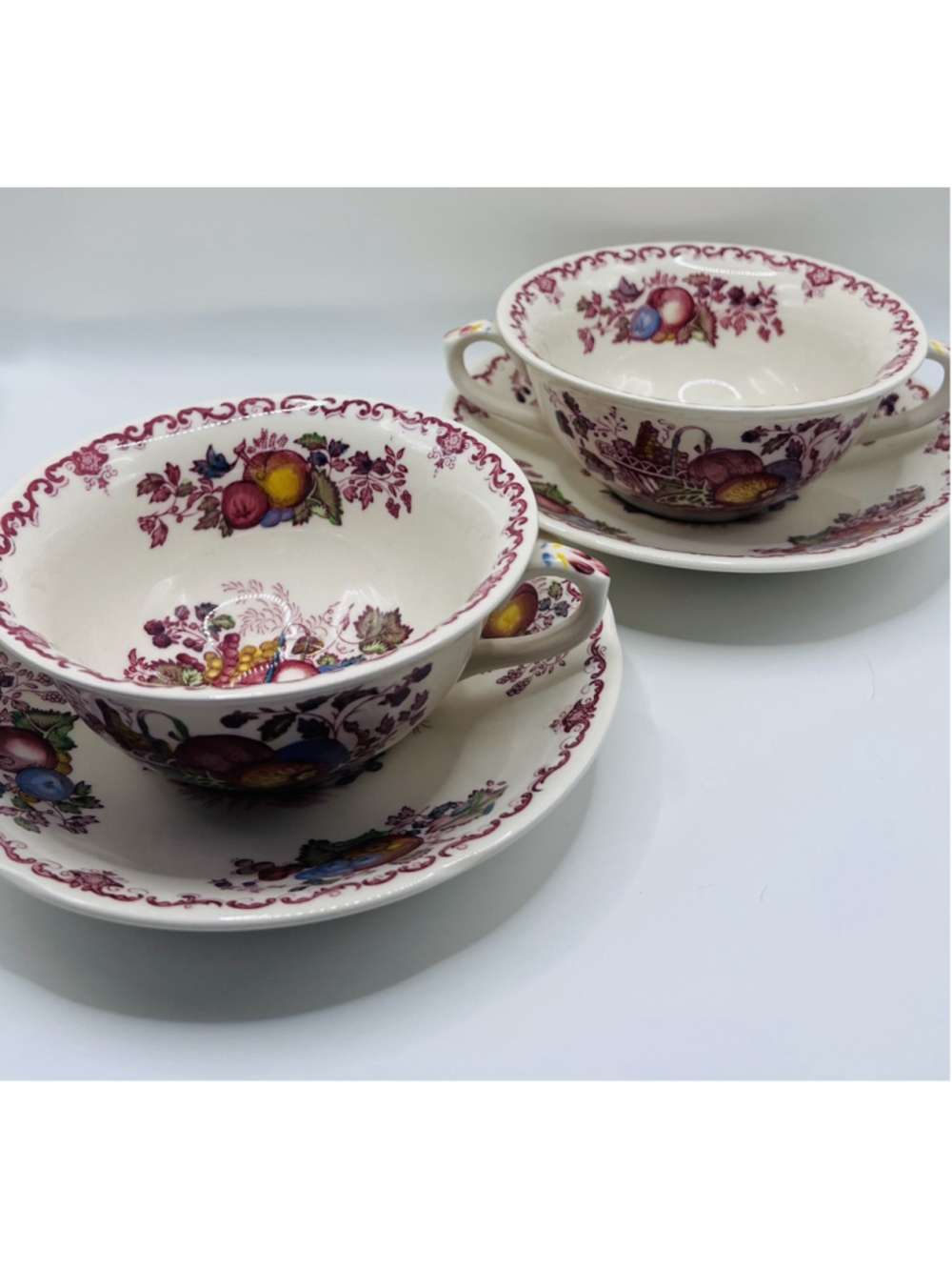 Set of (2) Masons Fruit Basket Soup Bowls Double Handle Mugs Saucers Tea Cups - Picture 2 of 8